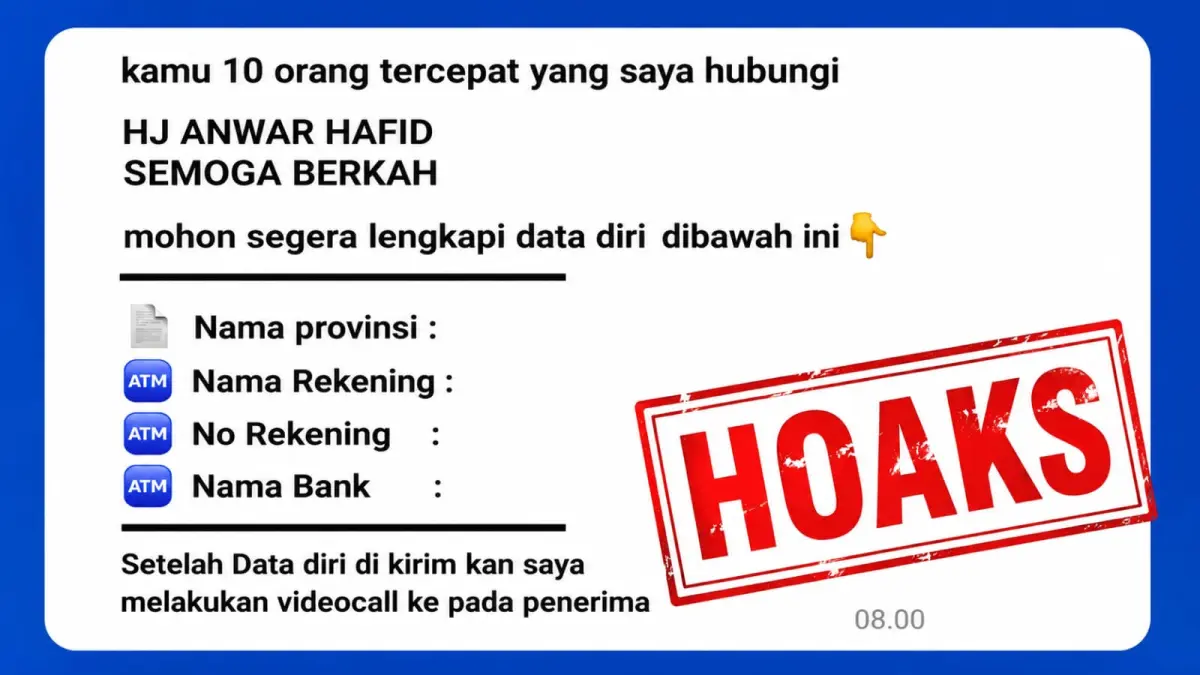 Tangkapan layar pesan WhatsApp yang mencatut nama Gubernur Anwar Hafid dan meminta data rekening dengan iming-iming hadiah. Informasi tersebut dipastikan hoaks dan berpotensi menjadi modus penipuan digital. FOTO: Dinas Kominfo Santik Sulteng&nbsp;