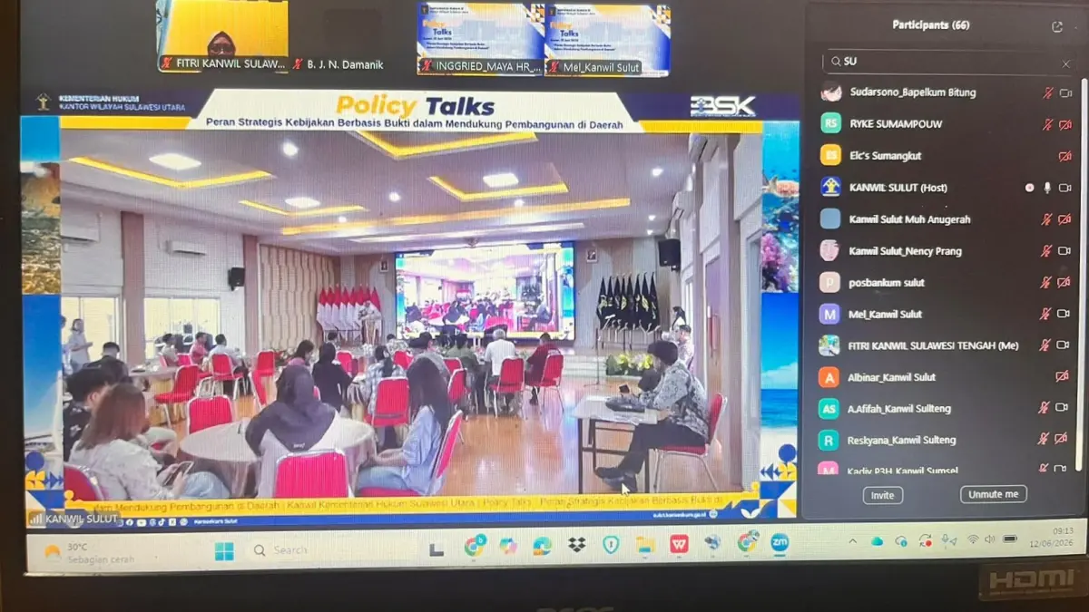 Kegiatan Policy Talks bertema “Peran Strategis Kebijakan Berbasis Bukti dalam Mendukung Pembangunan di Daerah” yang diselenggarakan oleh Kanwil Kementerian Hukum Sulawesi Utara secara virtual, Jumat (12/6).