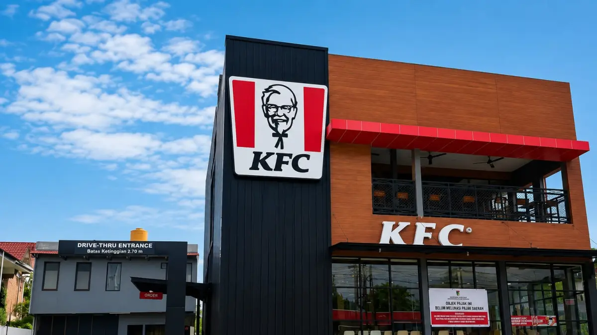 Spanduk peringatan terpasang di gerai KFC Palu terkait ketidakpatuhan pelaporan pajak daerah.