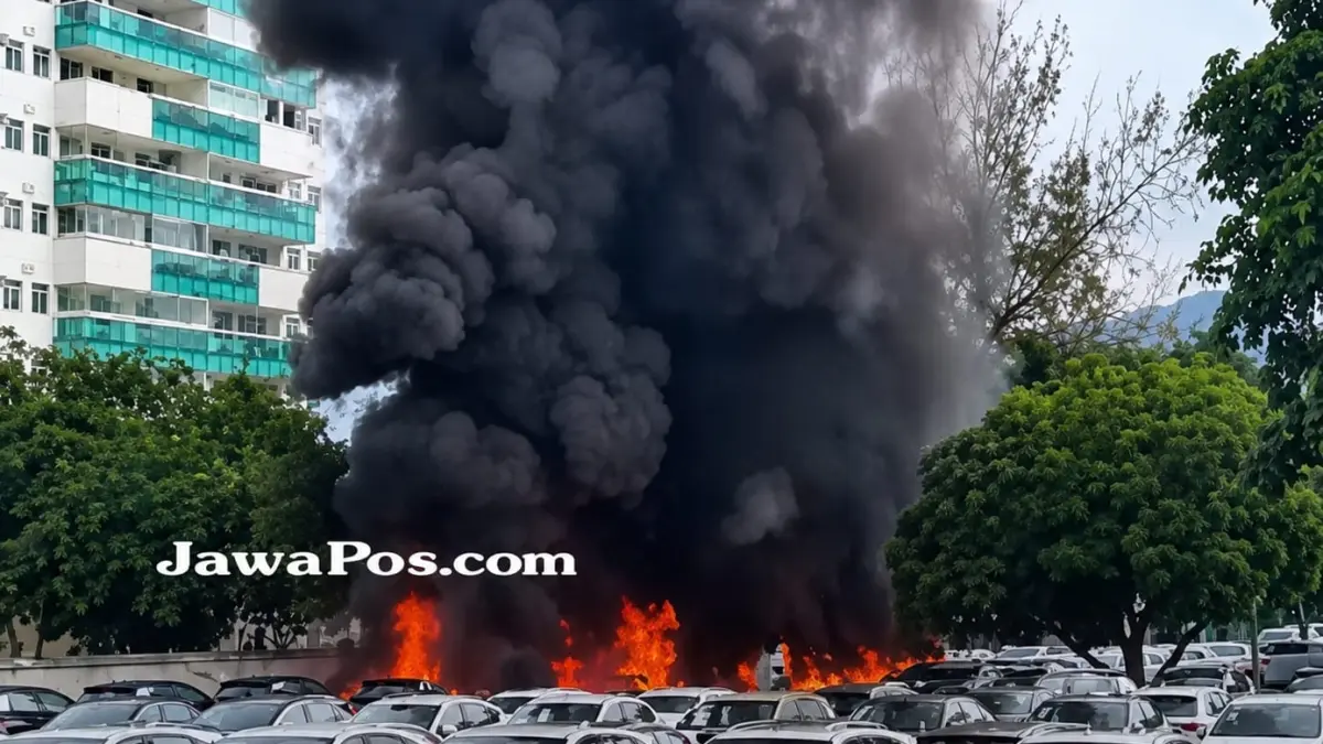 Kobaran api dan asap hitam membumbung tinggi dari area parkir kendaraan di kawasan Recreio dos Bandeirantes, Rio de Janeiro, Brasil, setelah dua helikopter dilaporkan bertabrakan di udara, Minggu (14/6). Foto: Instagram Jawa Pos&nbsp;