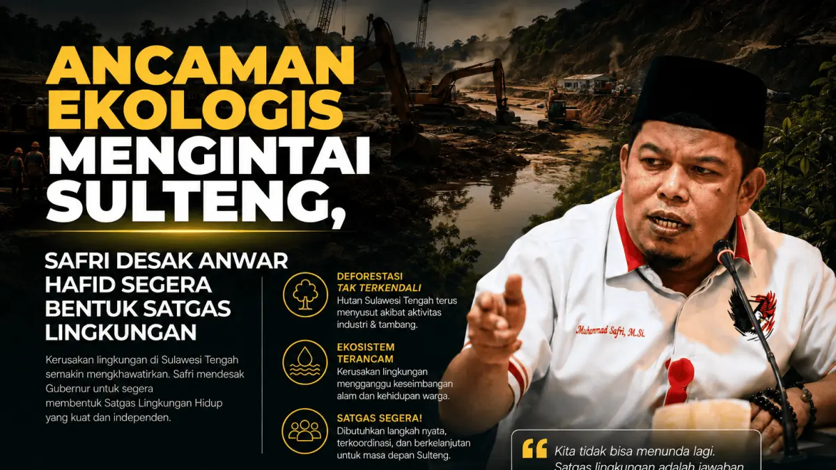 Muhammad Safri mendesak Gubernur Sulawesi Tengah segera membentuk Satgas Lingkungan untuk memperkuat pengawasan terhadap aktivitas pertambangan dan mencegah kerusakan ekologis yang mengancam keselamatan masyarakat.