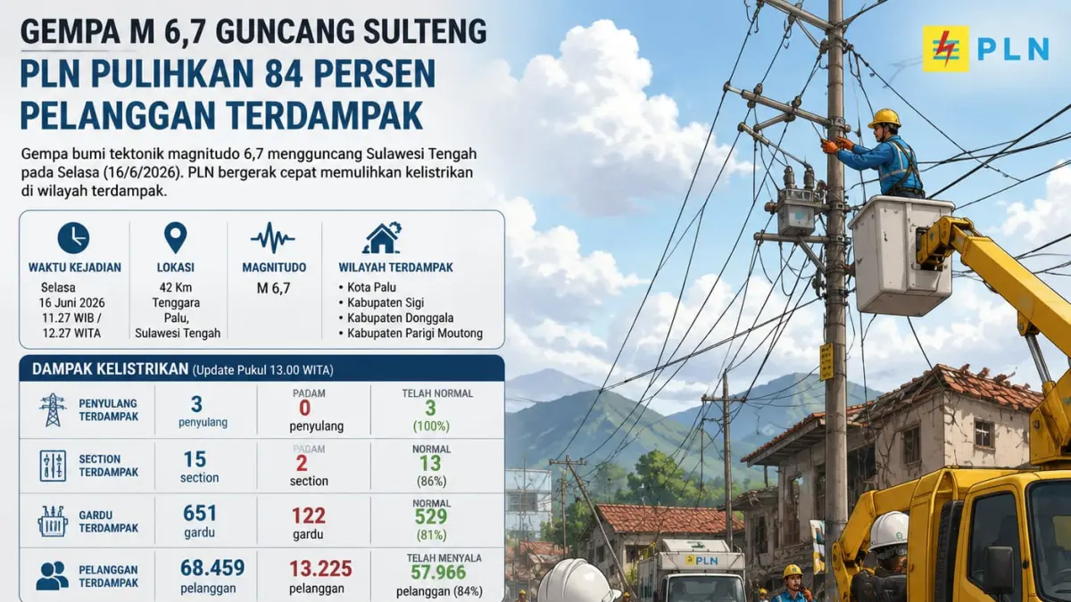 Petugas PLN melakukan inspeksi dan pemulihan jaringan listrik pascagempa magnitudo 6,7 yang mengguncang Sulawesi Tengah, Selasa (16/6/2026). Hingga siang hari, sebanyak 84 persen pelanggan terdampak berhasil kembali menikmati pasokan listrik. Foto: Ilustrasi Radar Palu&nbsp;