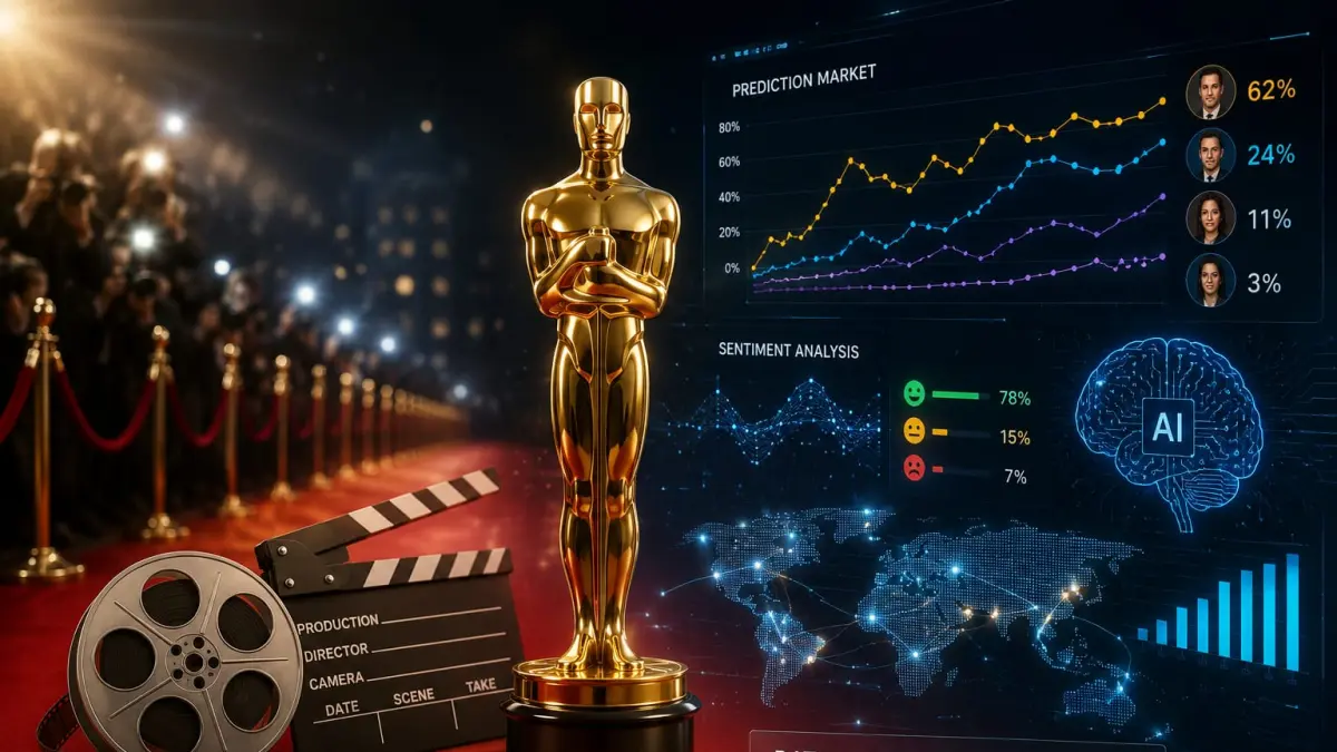 Ilustrasi piala Oscar dan perkembangan teknologi analisis data yang digunakan untuk membaca sentimen publik dalam memprediksi peluang pemenang ajang perfilman dunia.