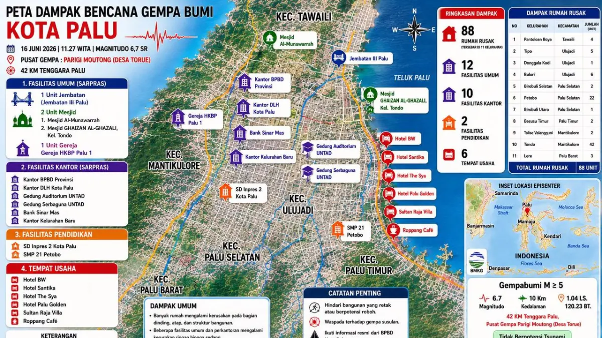 Peta dampak gempa bumi yang dirilis BPBD Kota Palu menunjukkan sebaran kerusakan rumah dan fasilitas umum di sejumlah wilayah terdampak. (Instagram @bpbd.kotapalu)