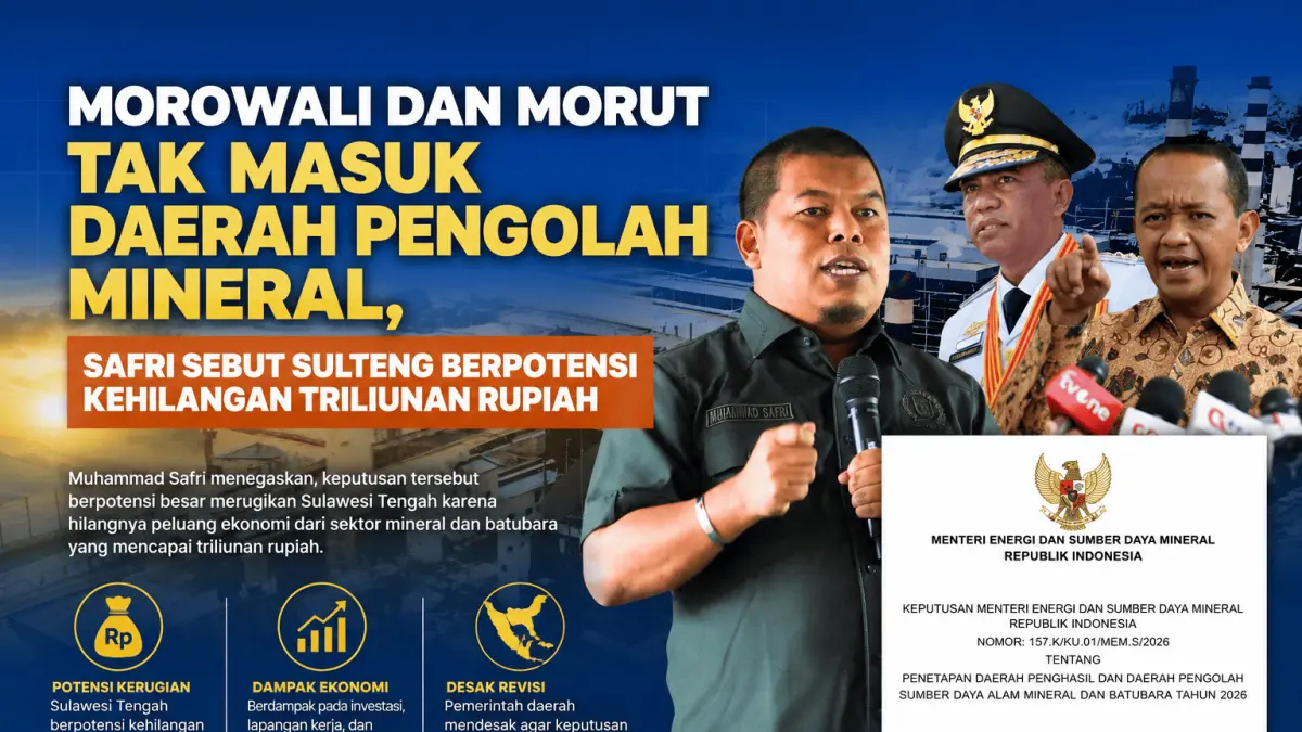 Muhammad Safri mengkritisi Keputusan Menteri ESDM Nomor 157.K/KU.01/MEM.S/2026 yang tidak memasukkan Morowali dan Morowali Utara sebagai daerah pengolah mineral. Menurutnya, kebijakan tersebut berpotensi mengurangi hak fiskal Sulawesi Tengah dan menyebabkan daerah kehilangan potensi pendapatan hingga triliunan rupiah dari sektor mineral dan batubara.