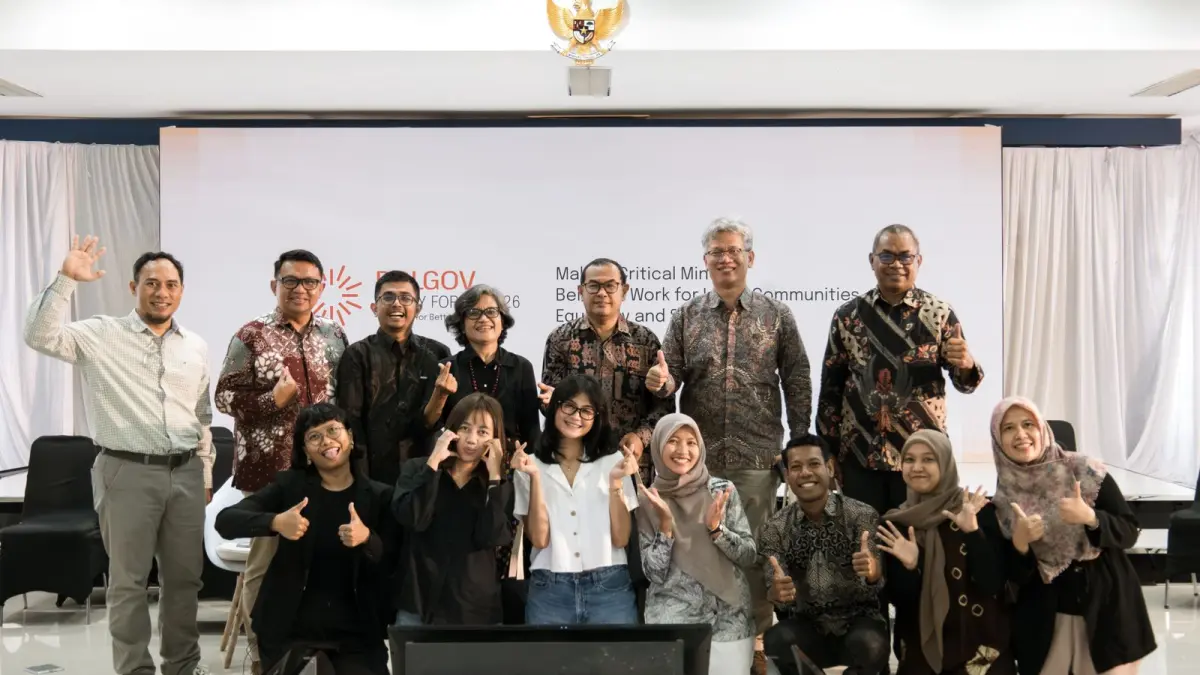Foto bersama dalam PolGov Policy Forum 2026 yang digelar Departemen Politik dan Pemerintahan FISIPOL Universitas Gadjah Mada (UGM), Yogyakarta. Foto: Istimewa&nbsp;