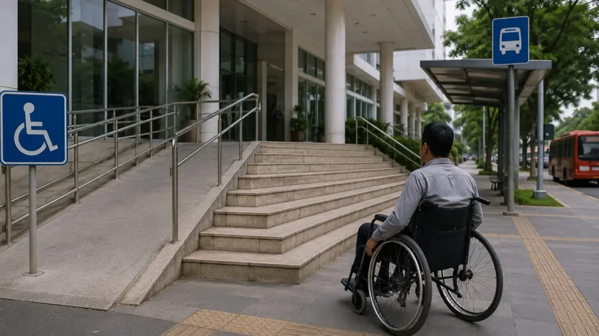 Ilustrasi penyandang disabilitas pengguna kursi roda mengakses fasilitas publik. Sasakawa Peace Foundation menilai aksesibilitas transportasi dan gedung di Kota Palu masih perlu dibenahi agar lebih inklusif. Foto: ILUSTRASI AI: