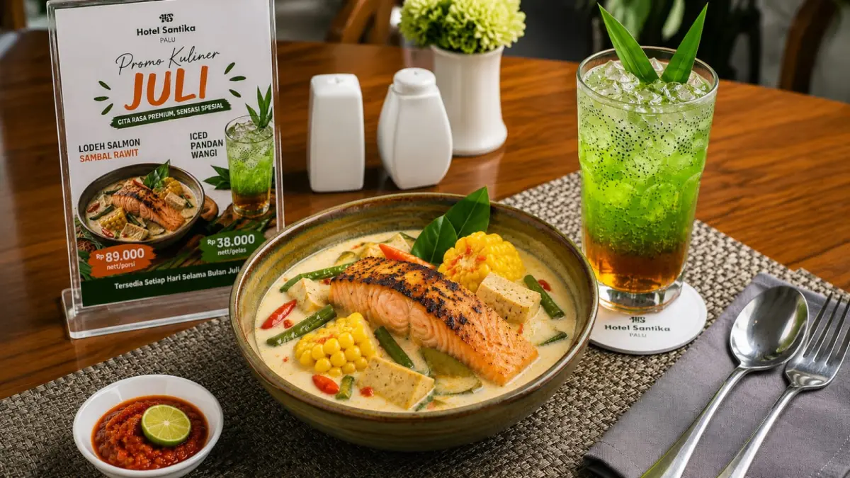Ilustrasi Lodeh Salmon Sambal Rawit dan Iced Pandan Wangi yang menjadi menu promo spesial Hotel Santika Palu sepanjang Juli 2026.&nbsp;