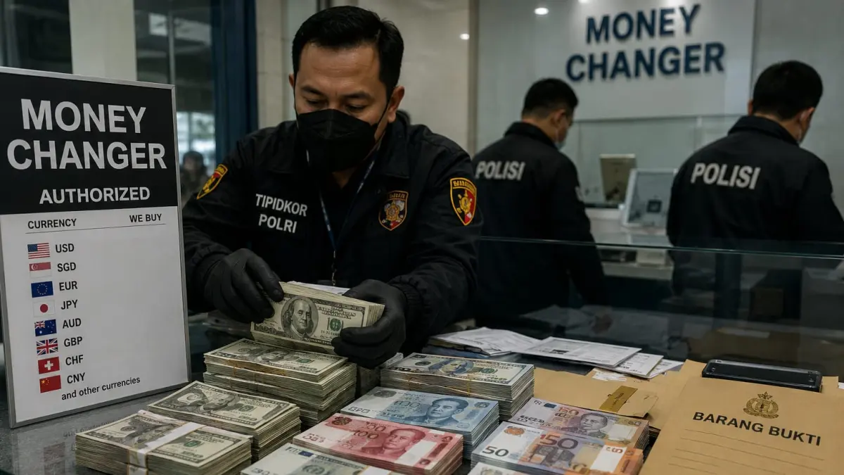 Ilustrasi penyitaan mata uang asing. Polisi menyita 16 jenis mata uang asing senilai sekitar Rp7,2 miliar dari sebuah money changer dalam pengembangan penyidikan dugaan korupsi dan TPPU. Foto: Ilustrasi/AI.