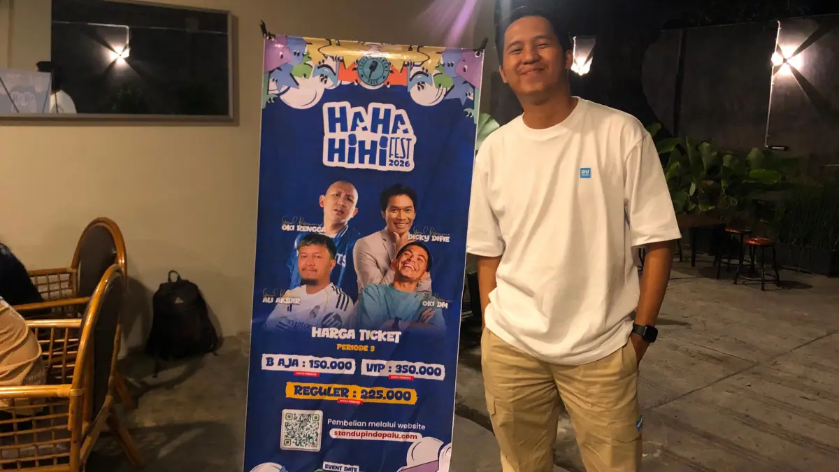 Wakil Ketua Stand Up Indo Palu, Genta, memastikan persiapan Haha Hihi Fest 2026 telah mencapai 80 persen jelang pelaksanaan pada 18 Juli mendatang di Sriti Convention Hall, Palu. (Foto: Annisa Nurul Wibdy)