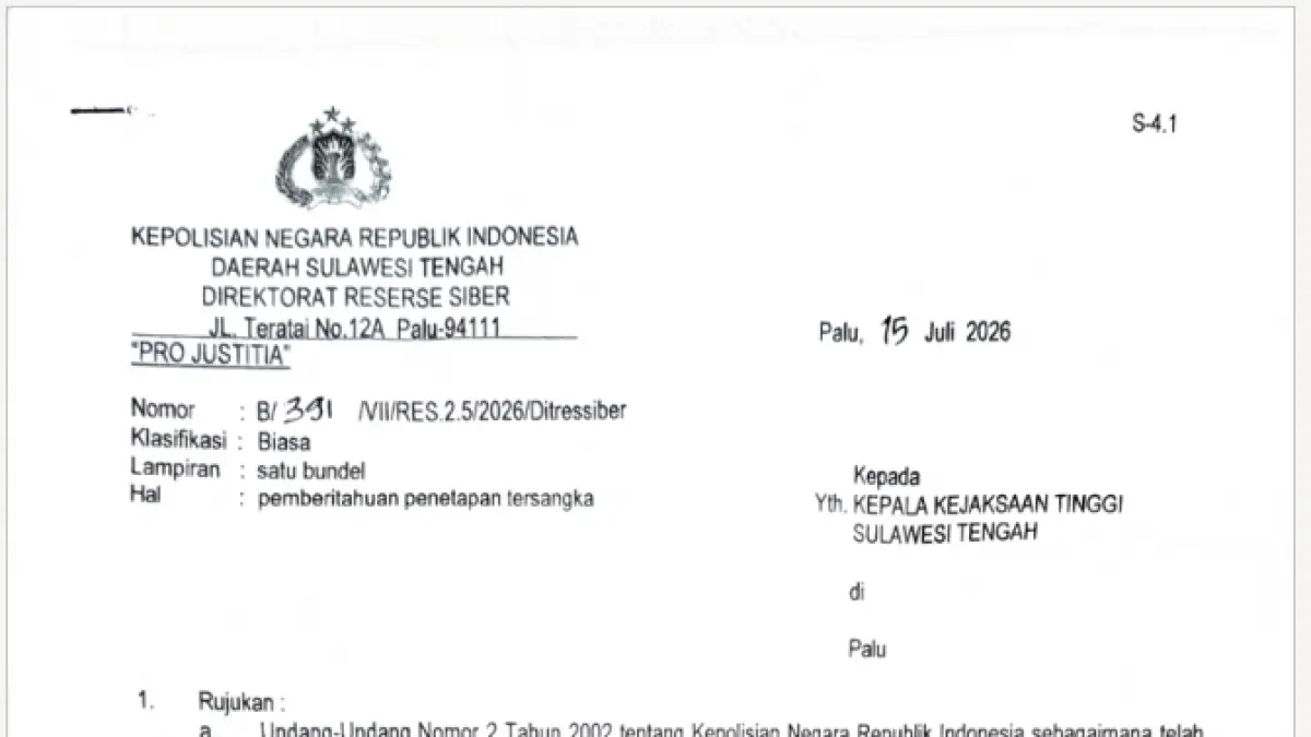 TERSANGKA : Surat penetapan tersangka RA oleh Ditressiber Polda Sulawesi Tengah yang beredar. (Tangkapan Layar Foto)