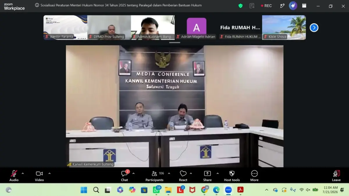 Sosialisasi Peraturan Menteri Hukum Nomor 34 Tahun 2025 tentang Paralegal dalam Pemberian Bantuan Hukum serta Peraturan Menteri Hukum Nomor 11 Tahun 2026 tentang Pos Bantuan Hukum Desa dan Kelurahan (Posbankum), yang dilaksanakan secara virtual melalui Zoom Meeting pada Selasa (21/7/2026).