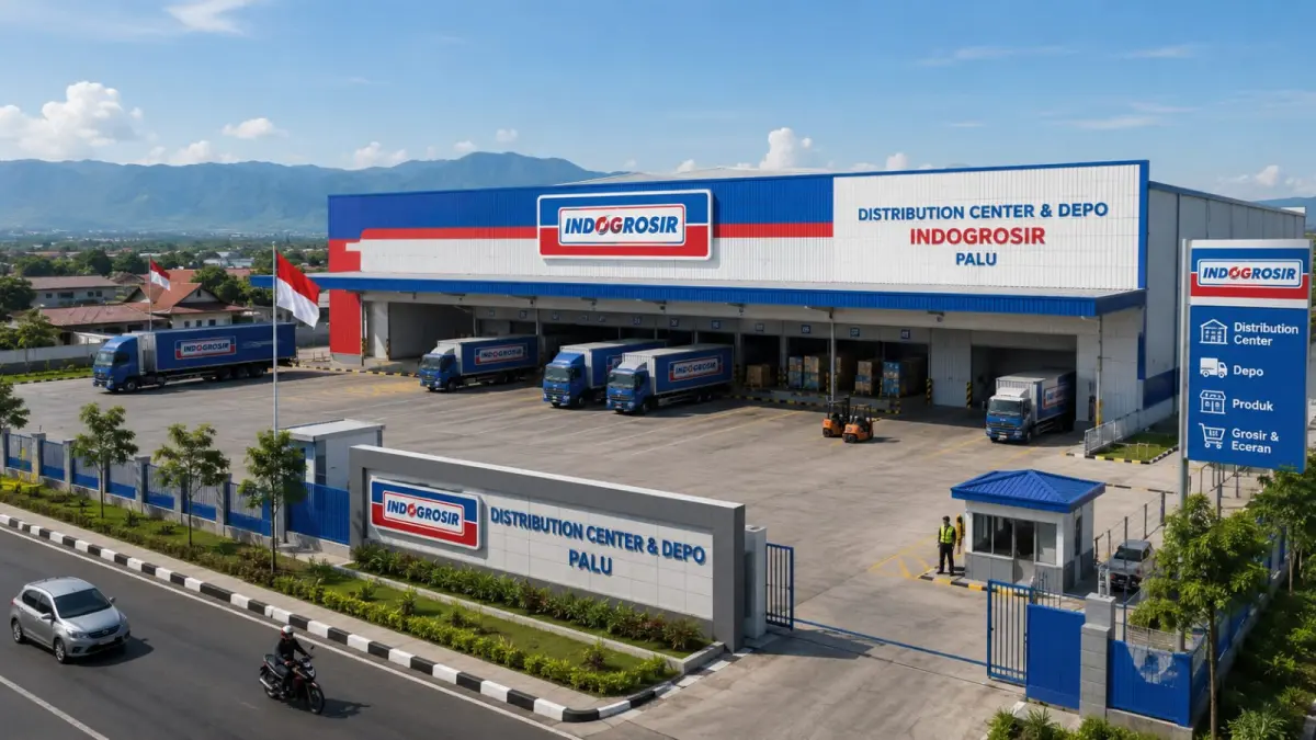 Ilustrasi pusat distribusi (Distribution Center) dan Depo Indogrosir yang tengah diproses dalam tahapan pemeriksaan dokumen Persetujuan Bangunan Gedung (PBG) di Kota Palu. (ILUSTRASI AI)