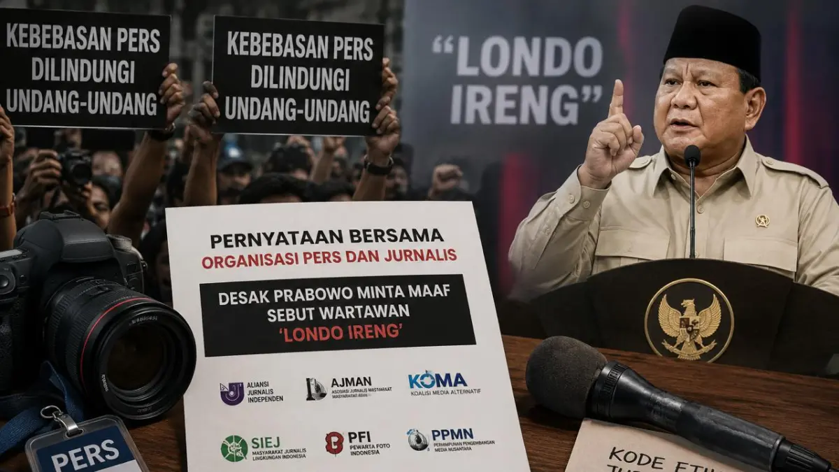 Organisasi pers dan jurnalis menyampaikan pernyataan bersama yang mendesak Presiden Prabowo Subianto meminta maaf atas penyebutan wartawan sebagai "londo ireng". Mereka juga menyerukan penghormatan terhadap kebebasan pers serta perlindungan terhadap kerja jurnalistik di Indonesia. FOTO: Ilustrasi AI&nbsp;
