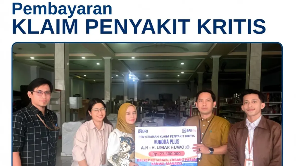 BRI KCP Kota Raya menyerahkan klaim penyakit kritis kepada nasabah prioritas peserta BRI Life Aurora Plus sebagai bentuk komitmen memberikan perlindungan finansial dan pelayanan terbaik bagi nasabah di Parigi Moutong.