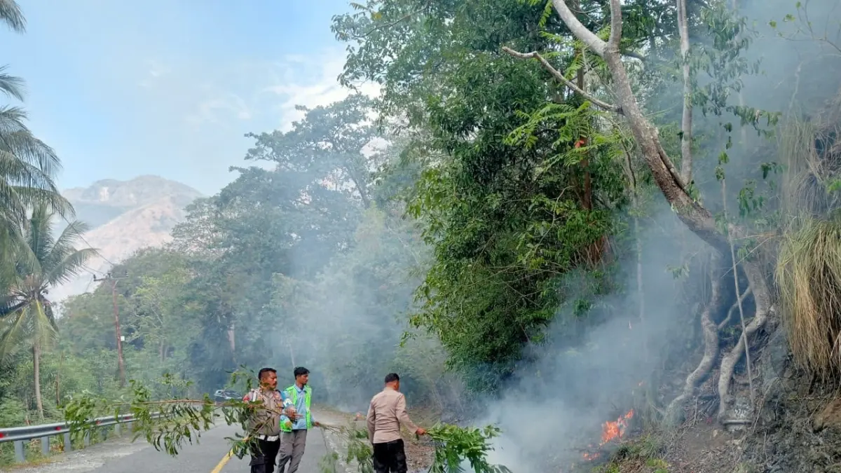MEMADAMKAN: Tampak aparat Polsek Nuhon bersama warga di Kecamatan Nuhon, Kabupaten Banggai sedang memadamkan kebakaran lahan di Desa Batu Hitam, Nuhon.(FOTO: NENDRA PRASETYA/RADAR PALU).