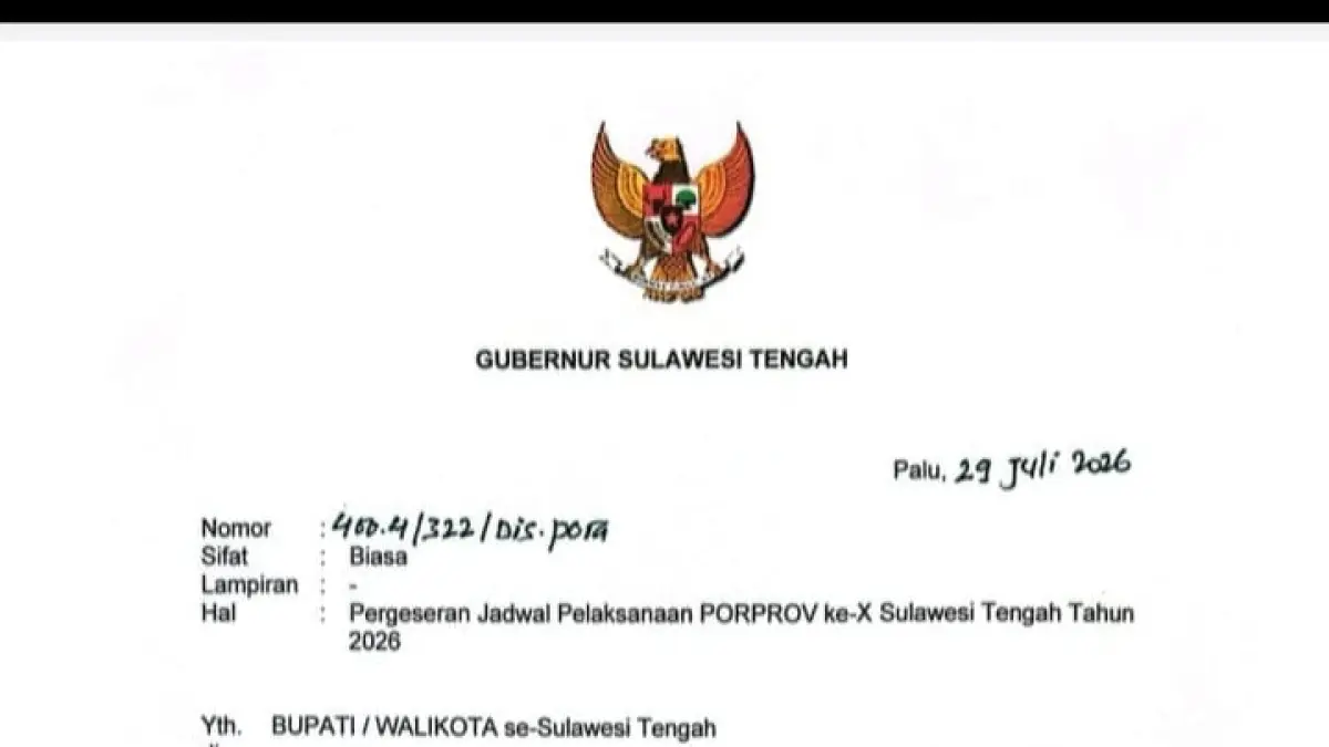 DIGESER: Surat Gubernur Sulteng, tentang pergeseran pelaksanaan Porprov Sulteng tahun 2026.(FOTO: SUPRIYONO/RADAR PALU) 