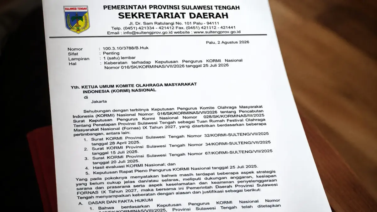 Surat keberatan Pemerintah Provinsi Sulawesi Tengah kepada KORMI Nasional atas pencabutan status Sulteng sebagai tuan rumah FORNAS IX Tahun 2027. FOTO: ISTIMEWA&nbsp;