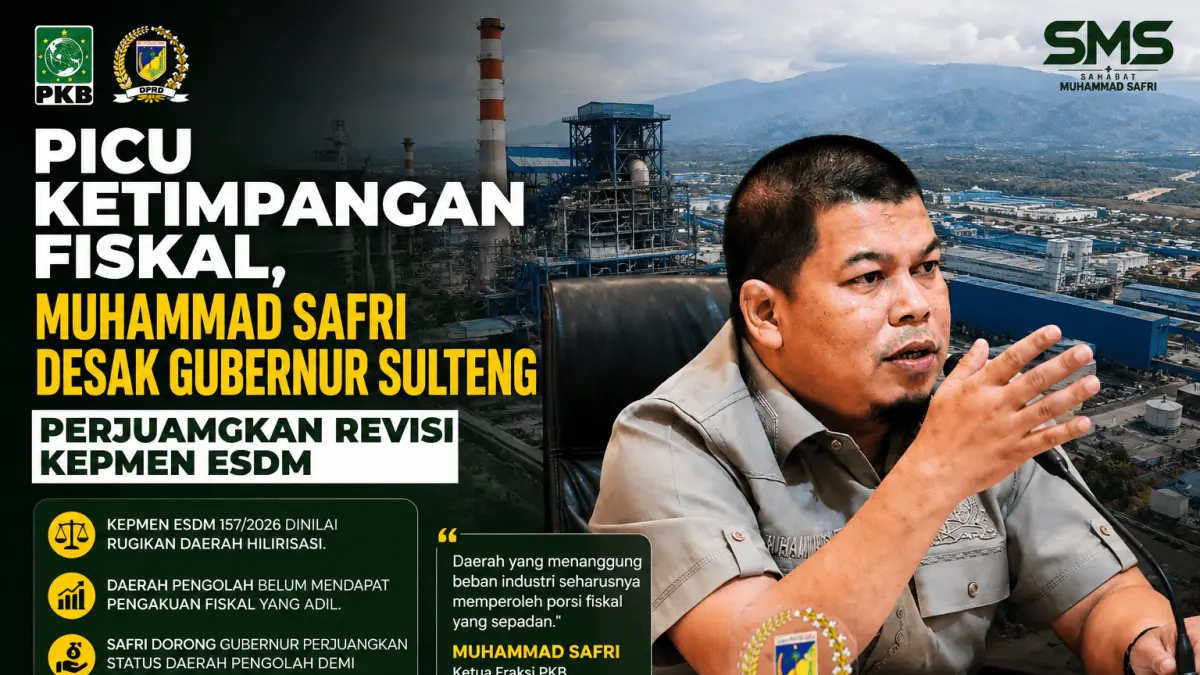 Muhammad Safri mendorong Gubernur Sulawesi Tengah memperjuangkan revisi Kepmen ESDM Nomor 157 Tahun 2026 agar status daerah pengolah mineral diakui secara adil, sehingga memperkuat kemandirian fiskal dan meningkatkan kesejahteraan masyarakat Sulawesi Tengah.