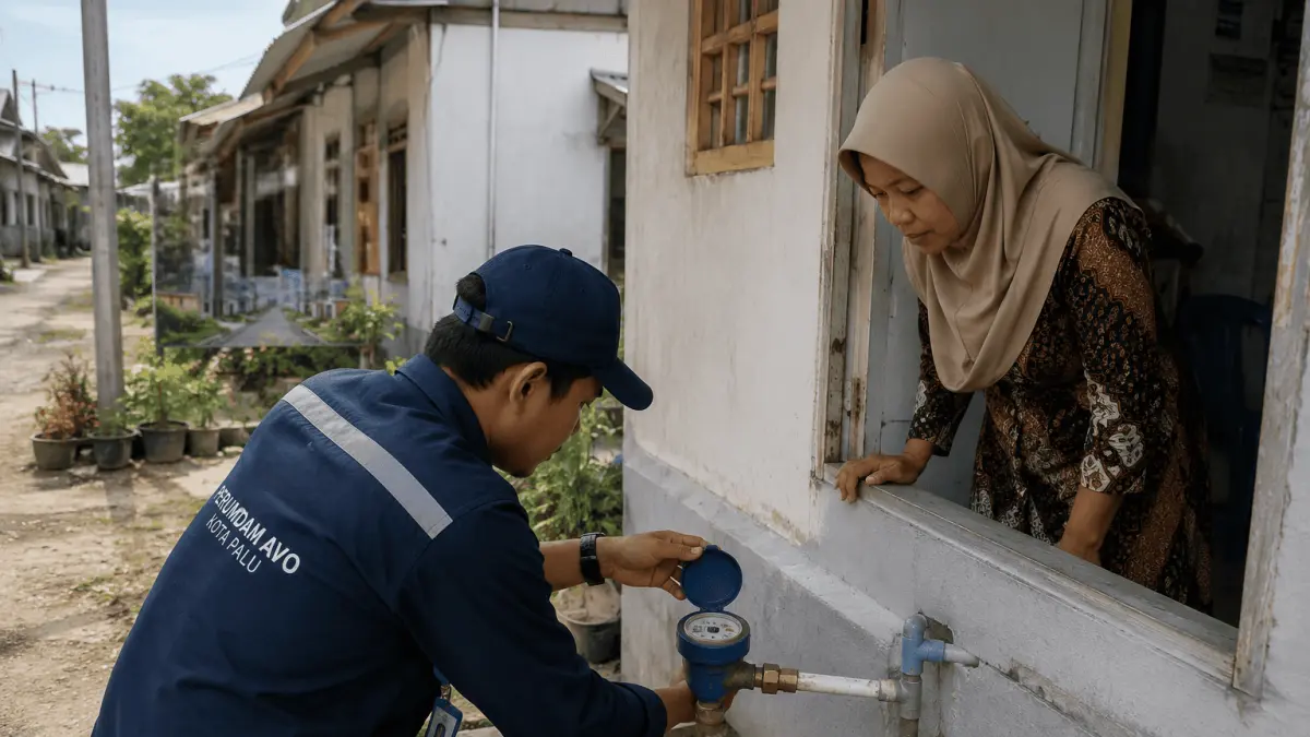 Petugas Perumdam AVO Kota Palu melakukan pemeriksaan meter air pelanggan di kawasan Hunian Tetap (Huntap) Balaroa. Verifikasi dilakukan sebagai bagian dari proses pemberian dispensasi tagihan air bagi warga yang memenuhi kriteria. FOTO : ILUSTRASI AI