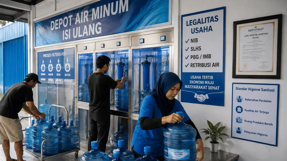 Aktivitas pengisian air minum di salah satu Depot Air Minum Isi Ulang (DAMIU) di Kota Palu. Pemerintah Kota Palu menilai sektor ini menjadi penopang ekonomi daerah dan mendorong seluruh pelaku usaha melengkapi legalitas serta memenuhi standar kesehatan demi menjaga kepercayaan masyarakat. FOTO : ILUSTRASI AI