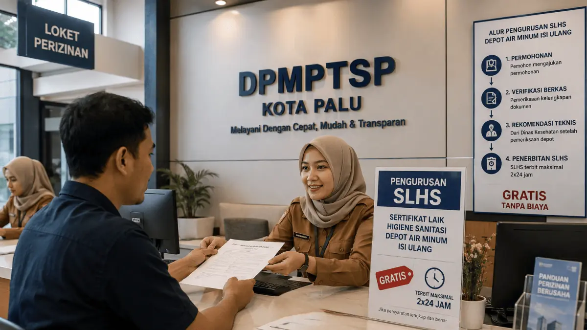 DPMPTSP Kota Palu memberikan pelayanan perizinan kepada pelaku usaha dan memastikan pengurusan Sertifikat Laik Higiene Sanitasi (SLHS) untuk depot air minum isi ulang dilakukan tanpa biaya dan dapat diterbitkan maksimal dalam waktu 2x24 jam. FOTO : ILUSTRASI AI