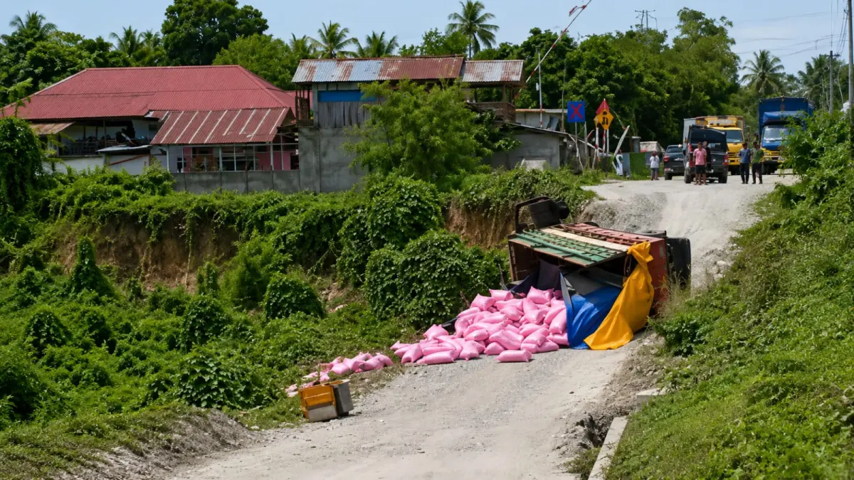 Sebuah truk pengangkut muatan terbalik di ruas Jalan Trans Sulawesi, Desa Watuawu, Kecamatan Lage, Kabupaten Poso, Kamis (6/8/2026). Insiden terjadi di lokasi jalan amblas yang selama ini dikeluhkan warga. FOTO: TANGKAPAN LAYAR VIDEO WARGA)
