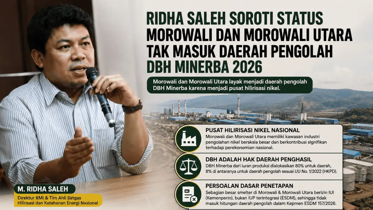 M. Ridha Saleh menyoroti status Morowali dan Morowali Utara yang belum ditetapkan sebagai daerah pengolah DBH Minerba 2026, meski menjadi pusat hilirisasi nikel nasional.