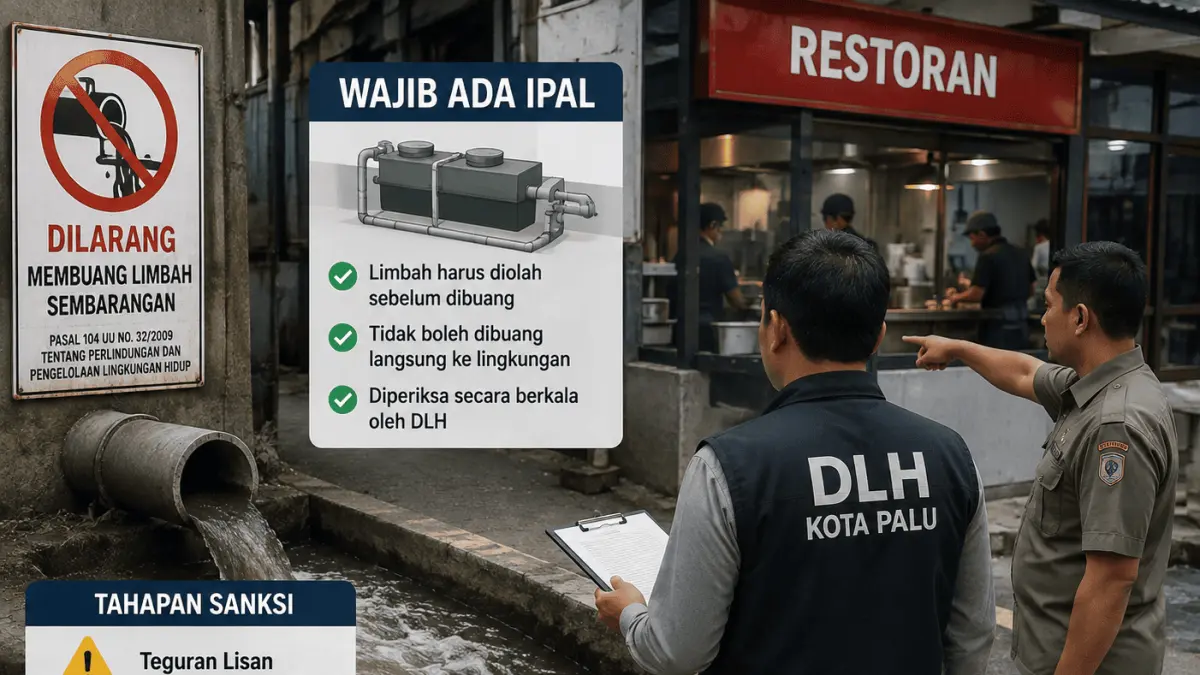 DLH Kota Palu menegaskan restoran wajib memiliki IPAL dan melarang pembuangan limbah secara langsung ke ruang publik. FOTO : ILUSTRASI AI