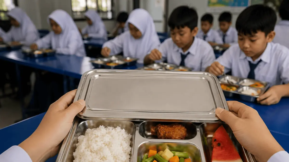 Ompreng Makan Bergizi Gratis (MBG) di Kota Palu bakal diberi label batas waktu konsumsi untuk menekan risiko keracunan makanan. FOTO : ILUSTRASI AI