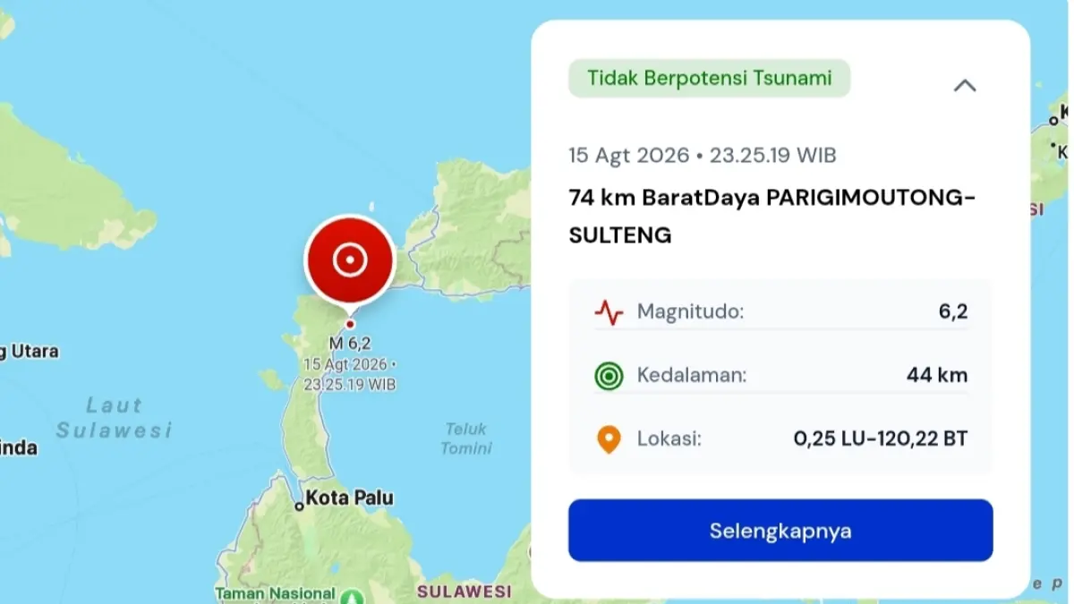Tangkapan layar aplikasi Info BMKG menunjukkan gempa M6,2 mengguncang 74 kilometer barat daya Parigi Moutong, Sabtu (15/8/2026) malam. Gempa berkedalaman 44 kilometer dan tidak berpotensi tsunami.