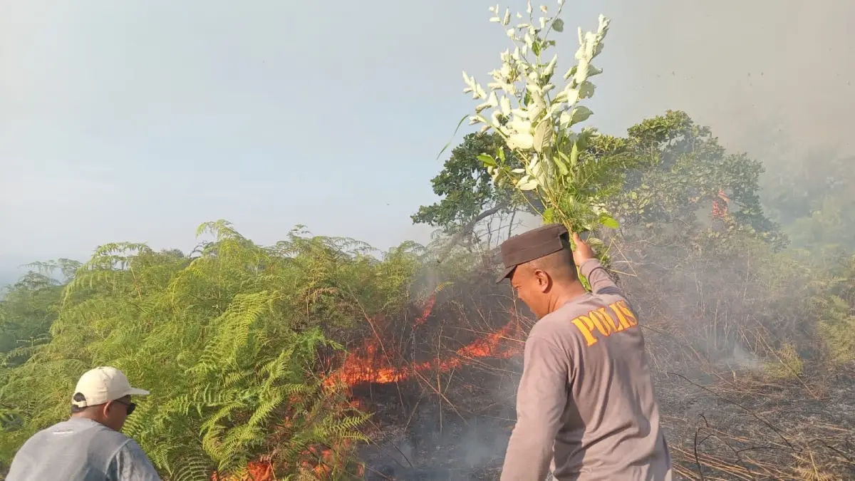 PEMADAMAN: Personel Polsek Nuhon, serta masyarakat melakukan pemadaman terhadap lahan perkebunan yang terbakar berlokasi di Desa Sumber Agung, Kecamatan Nuhon, Kabupaten Banggai, Selasa (18/8/2026).(FOTO:  NENDRA PRASETYA/RADAR PALU).