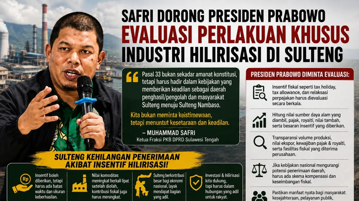 Safri dorong Presiden Prabowo evaluasi insentif hilirisasi demi keadilan fiskal Sulteng.