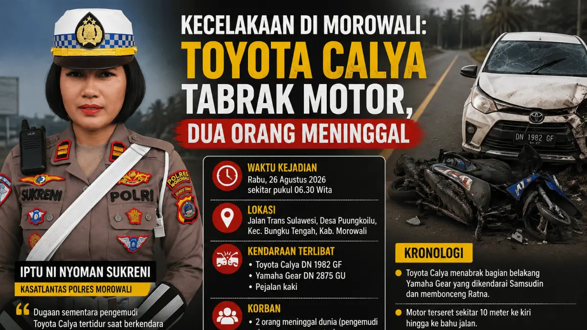 Kecelakaan Toyota Calya dan Yamaha Gear terjadi di Jalan Trans Sulawesi, Desa Puungkoilu, Morowali, Rabu (26/8/2026).