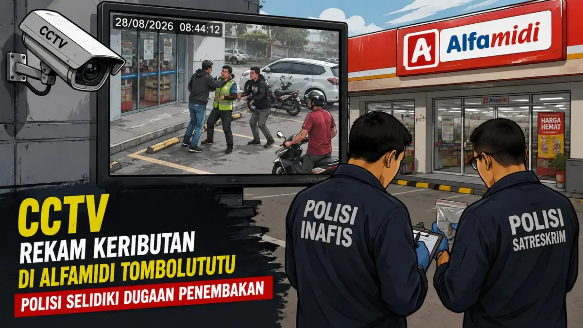 Ilustrasi CCTV yang merekam keributan di sekitar Alfamidi Tombolotutu, Palu. Rekaman tersebut menjadi salah satu petunjuk polisi dalam menyelidiki dugaan penembakan.