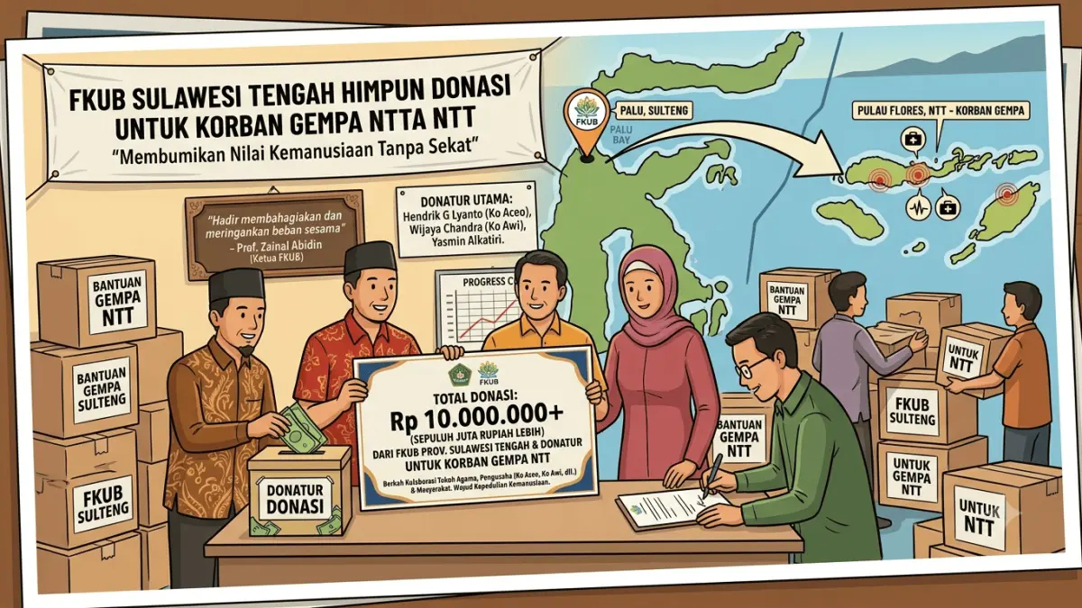 FKUB Provinsi Sulawesi Tengah bersinergi dengan tokoh agama, pengusaha, dan masyarakat berhasil menghimpun donasi lebih dari Rp10 juta. Bantuan ini merupakan bentuk nyata solidaritas dan gotong royong lintas agama untuk membantu meringankan beban saudara-saudara kita yang menjadi korban gempa bumi di Nusa Tenggara Timur (NTT).