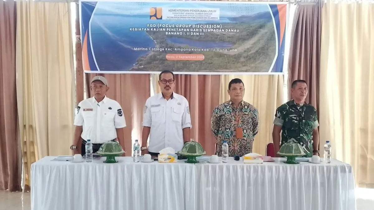 MEMBUKA: Sekkab Touna, Alfian Matajeng, saat membuka FGD Kajian Penetapan Garis Sempadan Danau Banano I, II, dan III yang diinisiasi Balai Wilayah Sungai (BWS) Sulawesi III Palu, Rabu (2/9/2026).(FOTO: HERIYANTO LIMAHU/RADAR PALU).