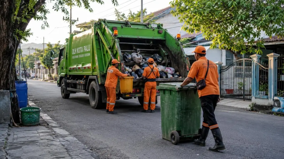 Petugas kebersihan mengangkut sampah di Kota Palu. FOTO: Ilustrasi AI.&nbsp;
