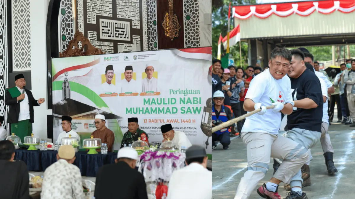Suasana acara Maulid yang diselenggarakan PT IMIP (kiri), dan foto kegiatan tarik tambang melibatkan karyawan dan tenant PT IMIP pada perayaan HUT RI ke 81. (Foto Humas PT IMIP)