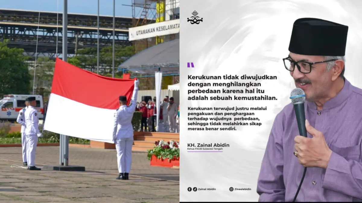 Suasana HUT RI ke 81 di Kawasan PT IMIP Morowali (kiri) dan Foto Qoutes Prof Zainal Abidin ketua FKUB Sulteng (kanan). (Foto Humas IMIP)