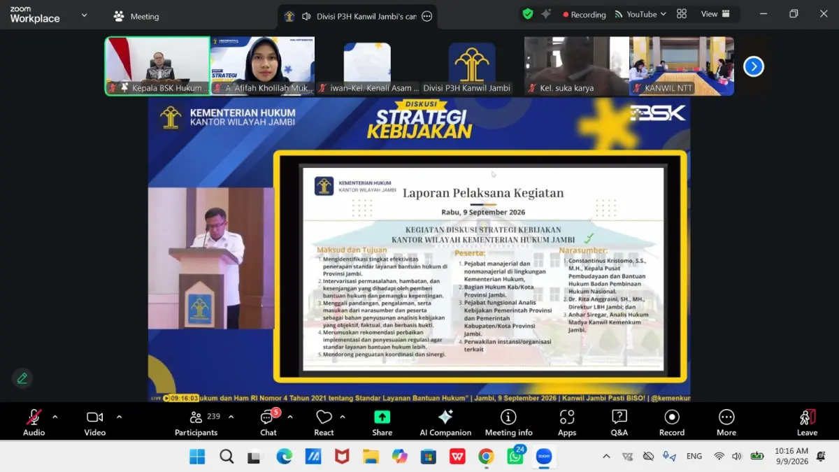 Diskusi Strategi Kebijakan (DSK) bertema *“Analisis Evaluasi Peraturan Menteri Hukum dan HAM RI Nomor 4 Tahun 2021 tentang Standar Layanan Bantuan Hukum”*, Rabu (9/9/2026).
