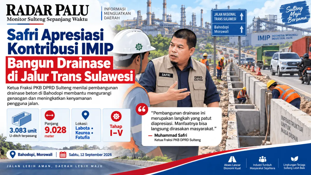 Ketua Fraksi PKB DPRD Sulteng Muhammad Safri meninjau pembangunan drainase di sepanjang Jalan Trans Sulawesi, Kecamatan Bahodopi, Morowali. (Ilustrasi)