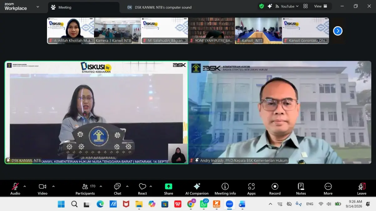 Diskusi Strategi Kebijakan (DSK) bertema “Analisis Evaluasi Terhadap Permenkumham Nomor 4 Tahun 2021 tentang Standar Layanan Bantuan Hukum” yang diselenggarakan Kanwil Kementerian Hukum Nusa Tenggara Barat, Senin (14/9/2026) secara daring melalui Zoom Meeting.