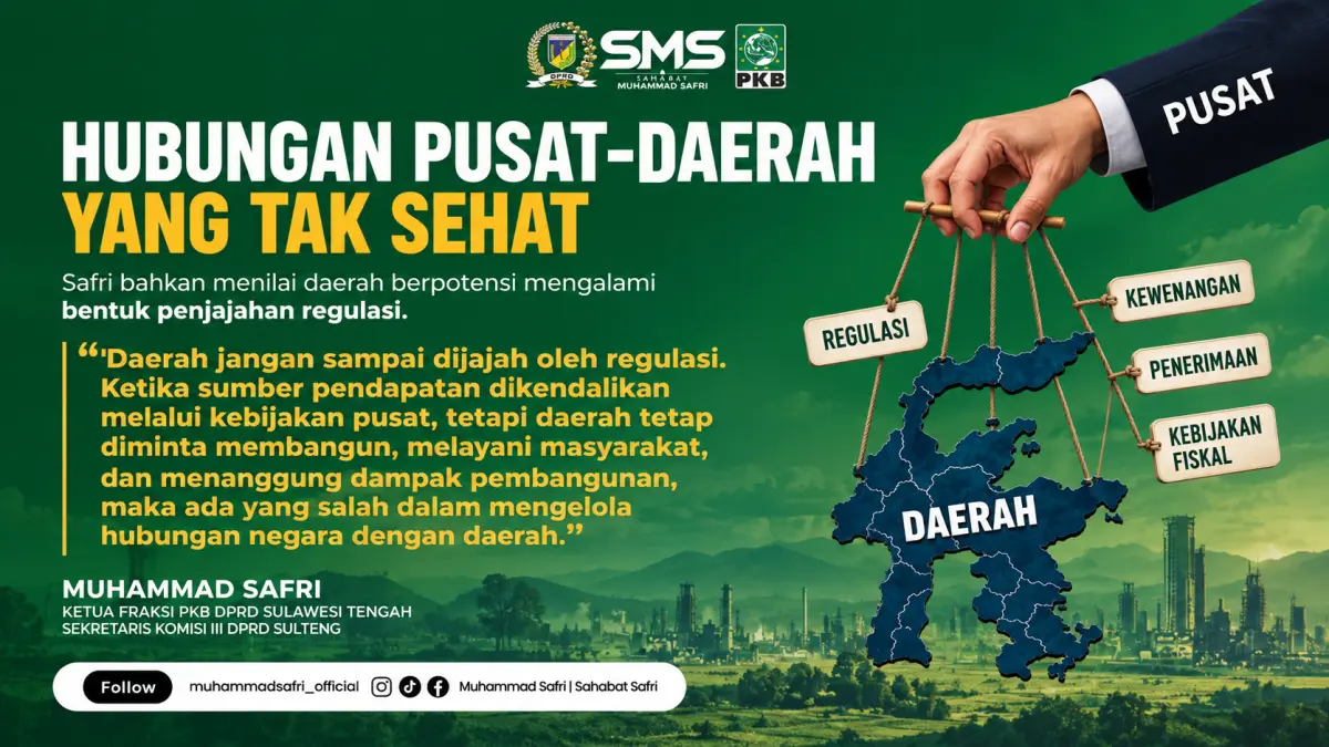 Ilustrasi hubungan pusat dan daerah yang disoroti Muhammad Safri terkait kebijakan regulasi, kewenangan, penerimaan, dan fiskal daerah.