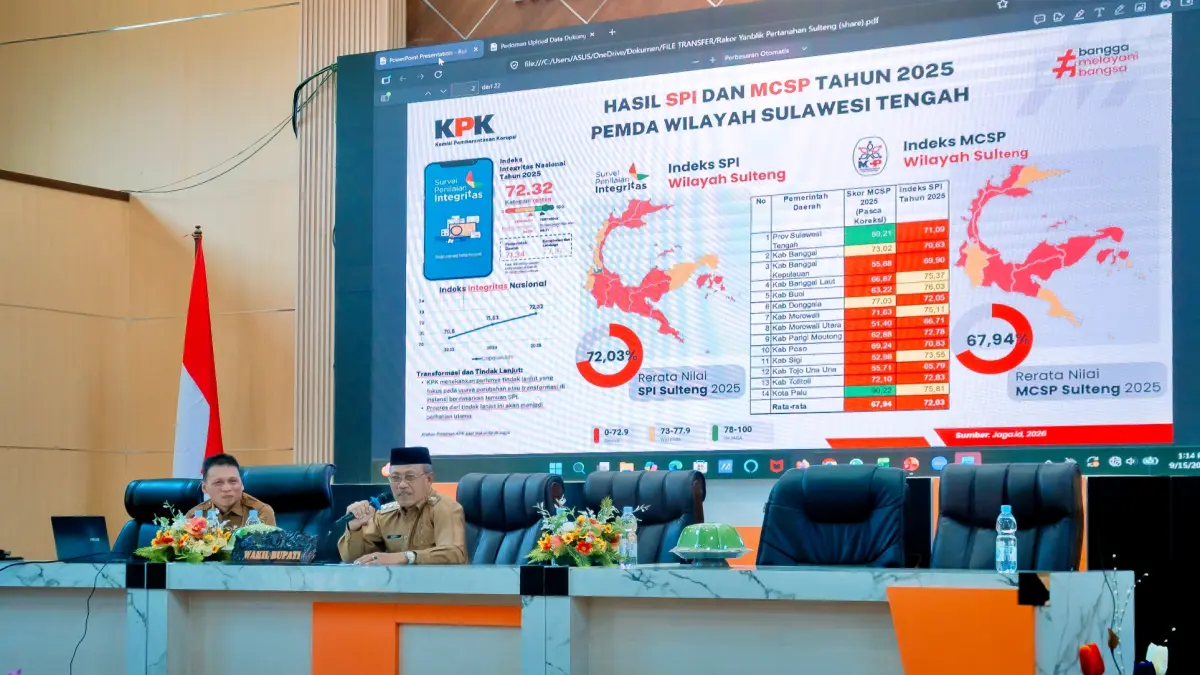 EVALUASI: Wakil Bupati Morut H. Djira Kendjo meminta OPD mengejar ketertinggalan capaian MCSP dan SPI dari daerah lain di Sulteng dalam rapat koordinasi di Ruang Pola Kantor Bupati, Selasa (15/9/2026). (FOTO: ISTIMEWA/RADAR PALU)