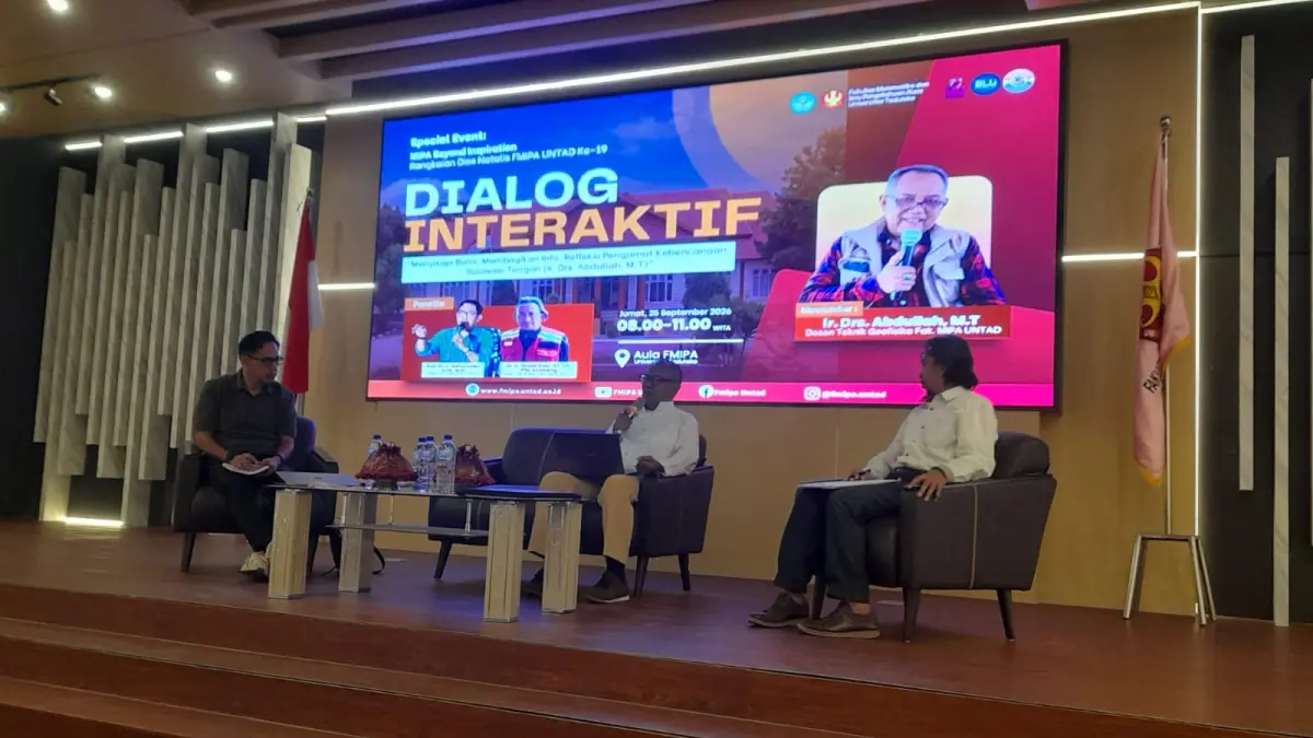 REFLEKSI: Dialog Interaktif Menyikapi Bumi, Membagi Info: Refleksi Pengamat Kebencanaan Sulawesi Tengah menghadirkan Ir. Drs. Abdullah, M.T, Special Events: MIPA Beyond Inspirations, bersama Guru Besar Fakultas Kehutanan Untad, Prof. Naharuddin dan Dr. Ir. Anwar Dolu,(FOTO: ISTIMEWA/RADAR PALU).