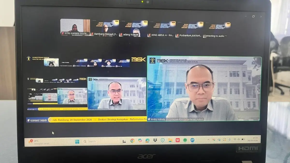 Diskusi Strategi Kebijakan (DSK) bertema “Reformulasi Kebijakan Indikasi Geografis: Menuju Optimalisasi Pelindungan dan Monetisasi Produk Unggulan Daerah” yang diselenggarakan Kantor Wilayah Kementerian Hukum Jawa Barat secara virtual melalui Zoom Meeting, Senin (28/9/2026).