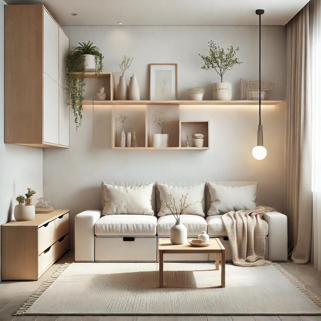 Desain ruang tamu minimalis dengan sofa multifungsi, rak dinding, dan pencahayaan alami. Inspirasi ruang tamu estetik dan hemat biaya.