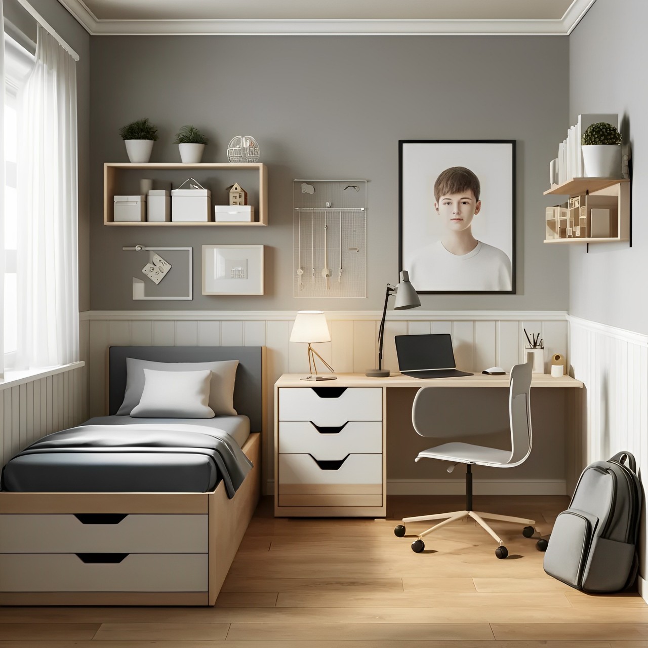Kamar tidur remaja cowok minimalis dengan tempat tidur sederhana dan meja belajar, dilengkapi rak dinding dan dekorasi simpel