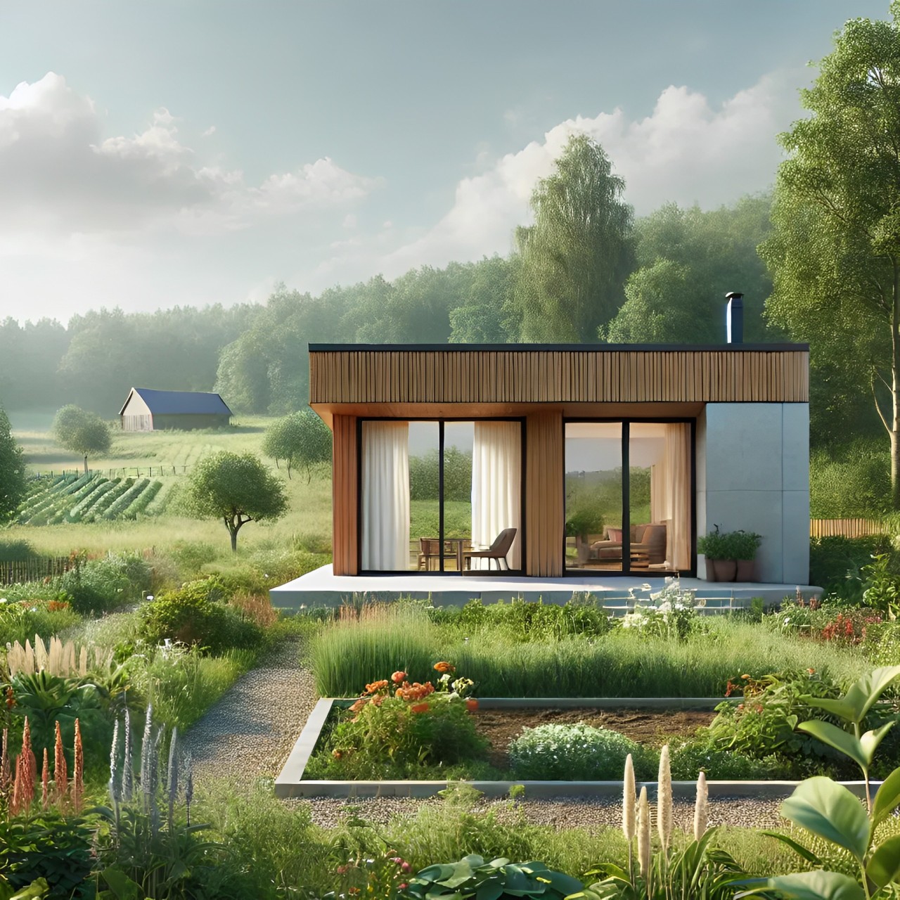 gambar rumah minimalis di pedesaan dengan sentuhan modern yang menyatu dengan alam sekitar. Cocok untuk inspirasi rumah impian Anda!